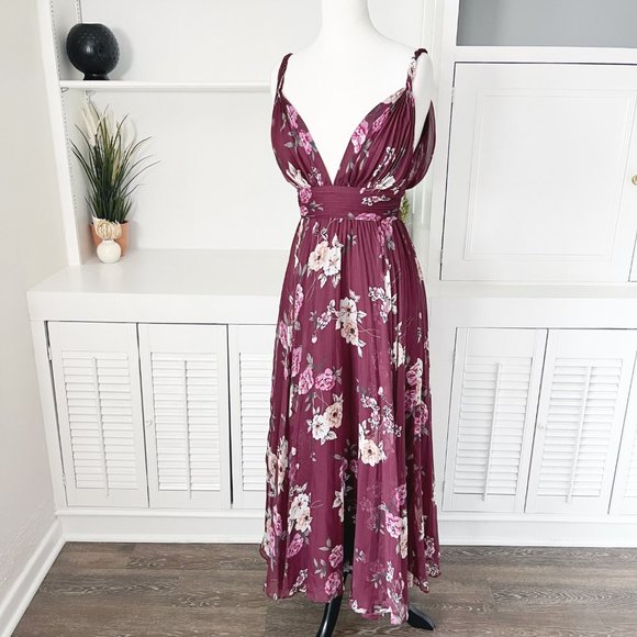 Jill Stuart | Burgundy Floral Print Pleated Zola Midi Dress | 0 - Picture 3 of 10